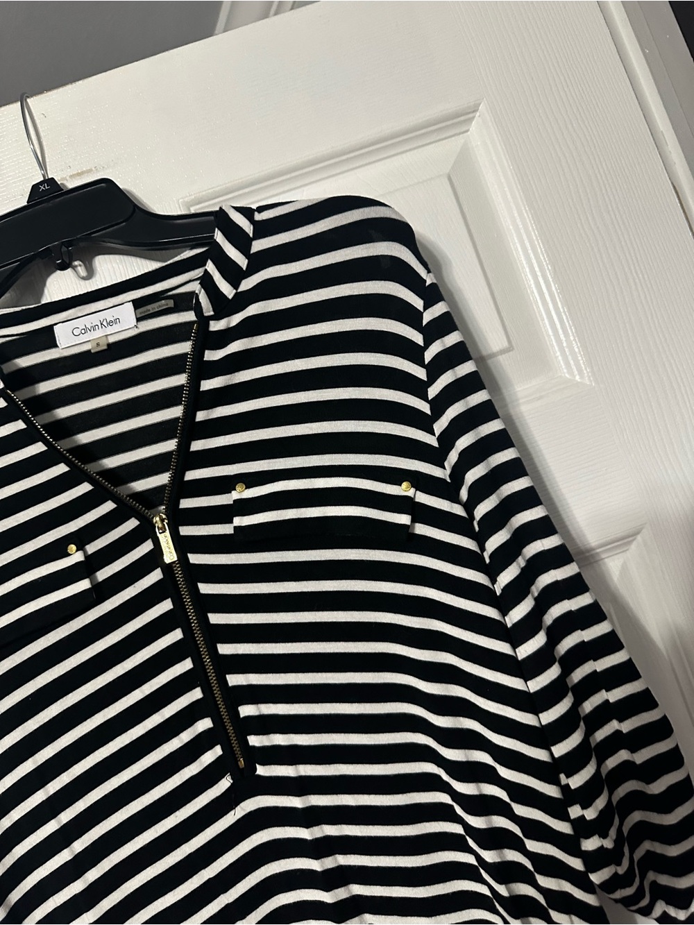 Calvin Klein Striped Half-Zip Roll Tab Sleeve Hi Lo Blouse - Picture 6 of 15